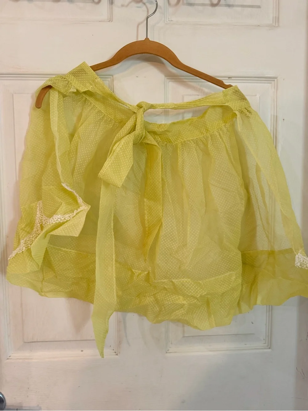 Vintage Light Yellow Polka Dot Tulle Apron with Lace Trim